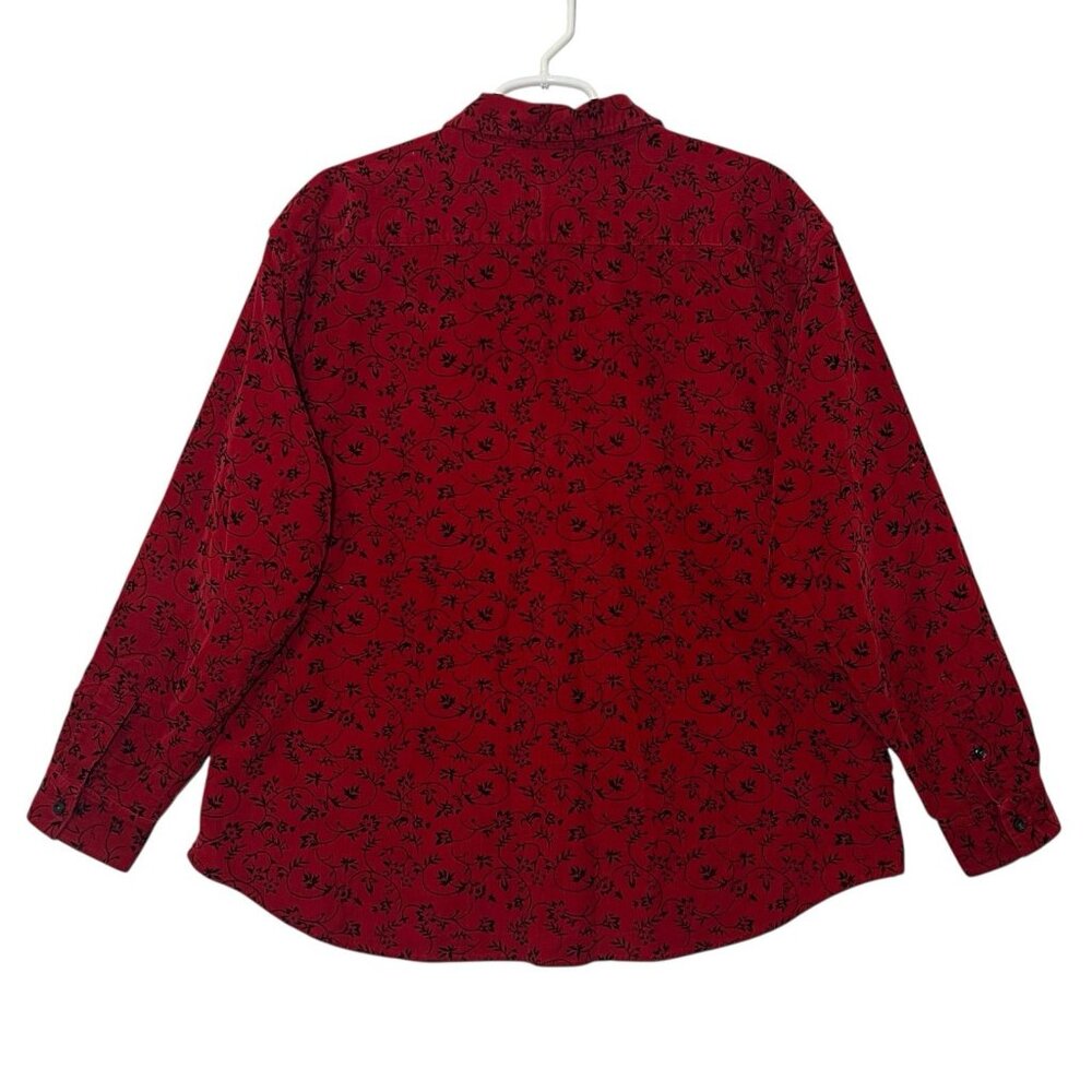 Talbots Shirt Corduroy Cotton Red Black Floral Buttons Size L Women Long Sleeves - Picture 2 of 8